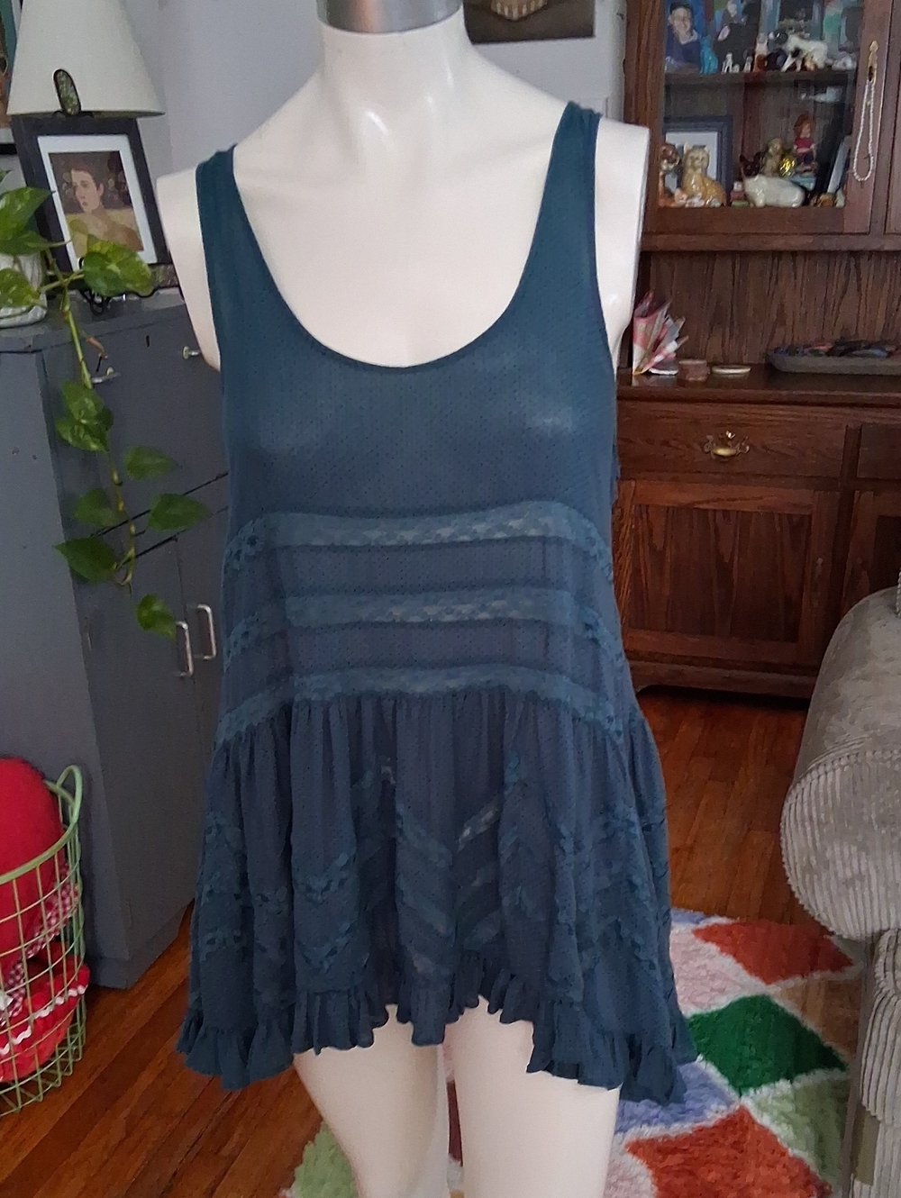 Free People Teal Lace Trim Ruffle Hem Tank